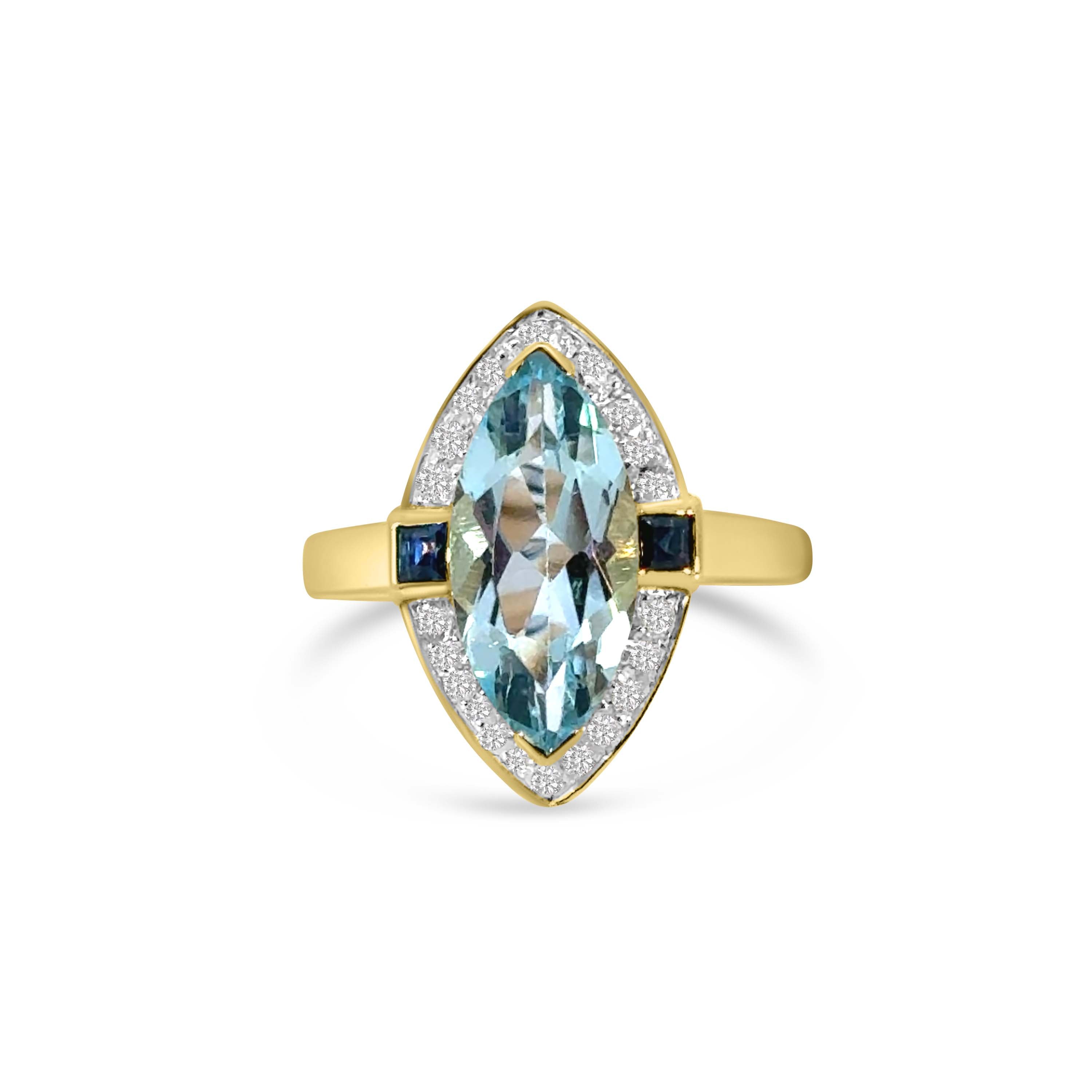 9kt Blue Topaz, Sapphire and Diamond Marquise Dress Ring
