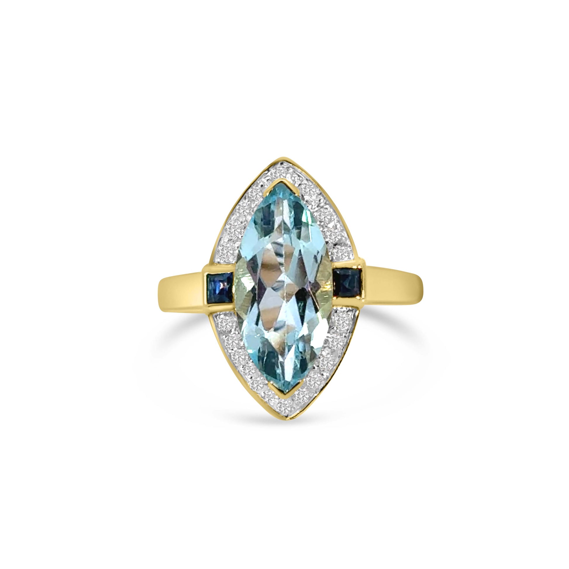 9kt Blue Topaz, Sapphire and Diamond Marquise Dress Ring