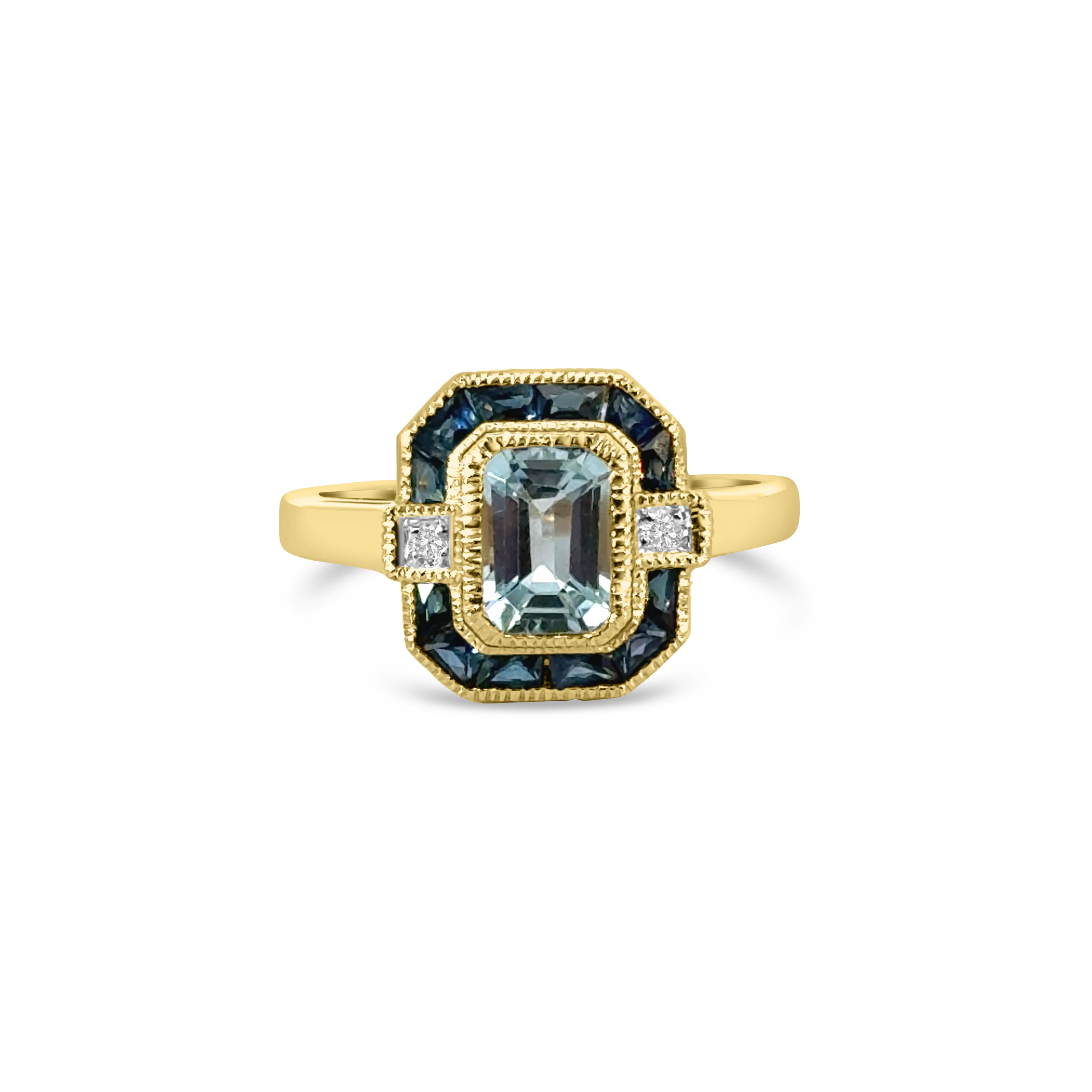 9kt Blue Topaz, Sapphire and Diamond Art Deco Dress Ring