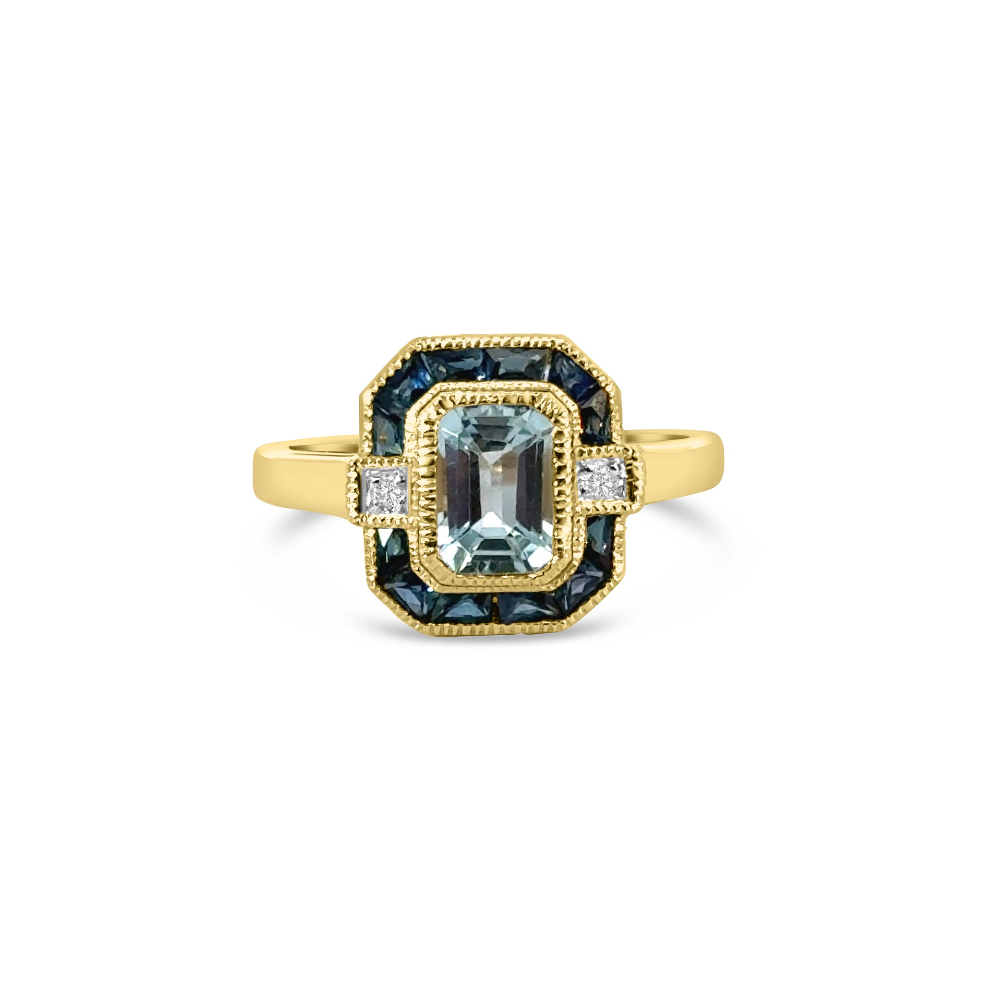 9kt Blue Topaz, Sapphire and Diamond Art Deco Dress Ring