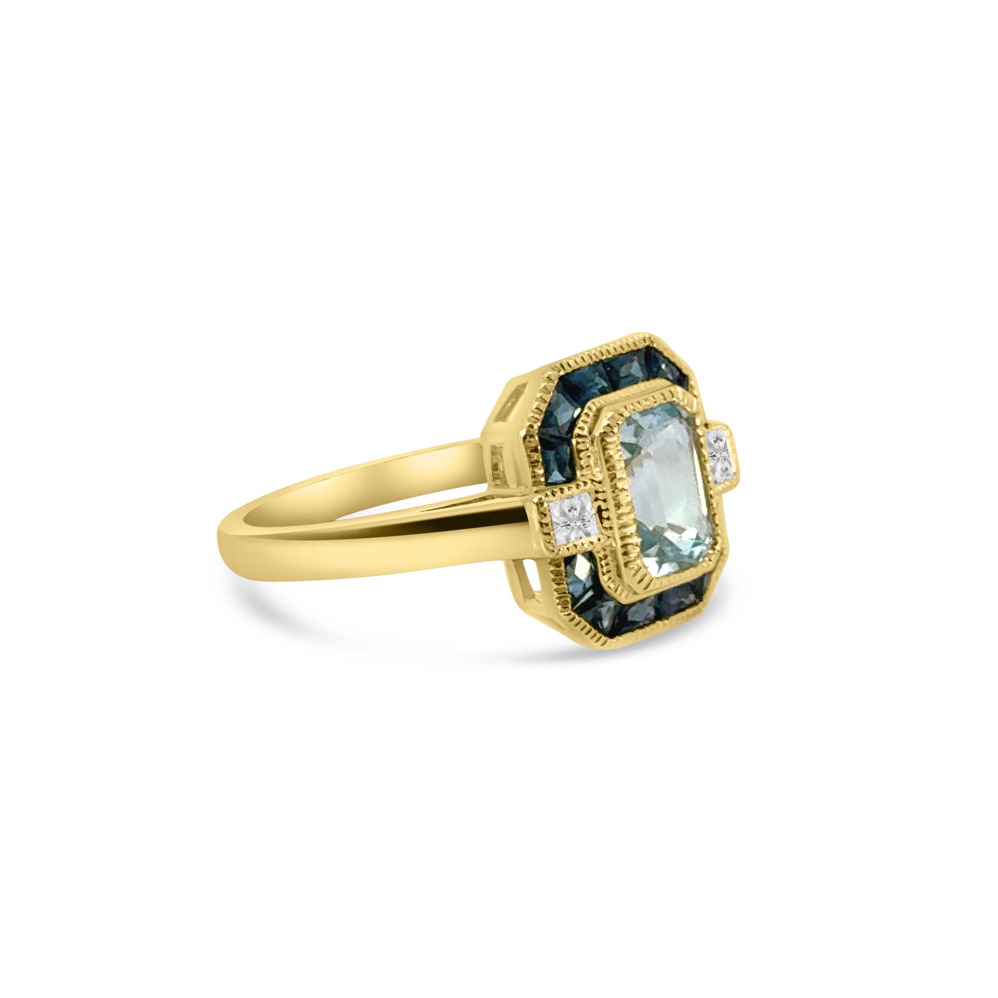 9kt Blue Topaz, Sapphire and Diamond Art Deco Dress Ring