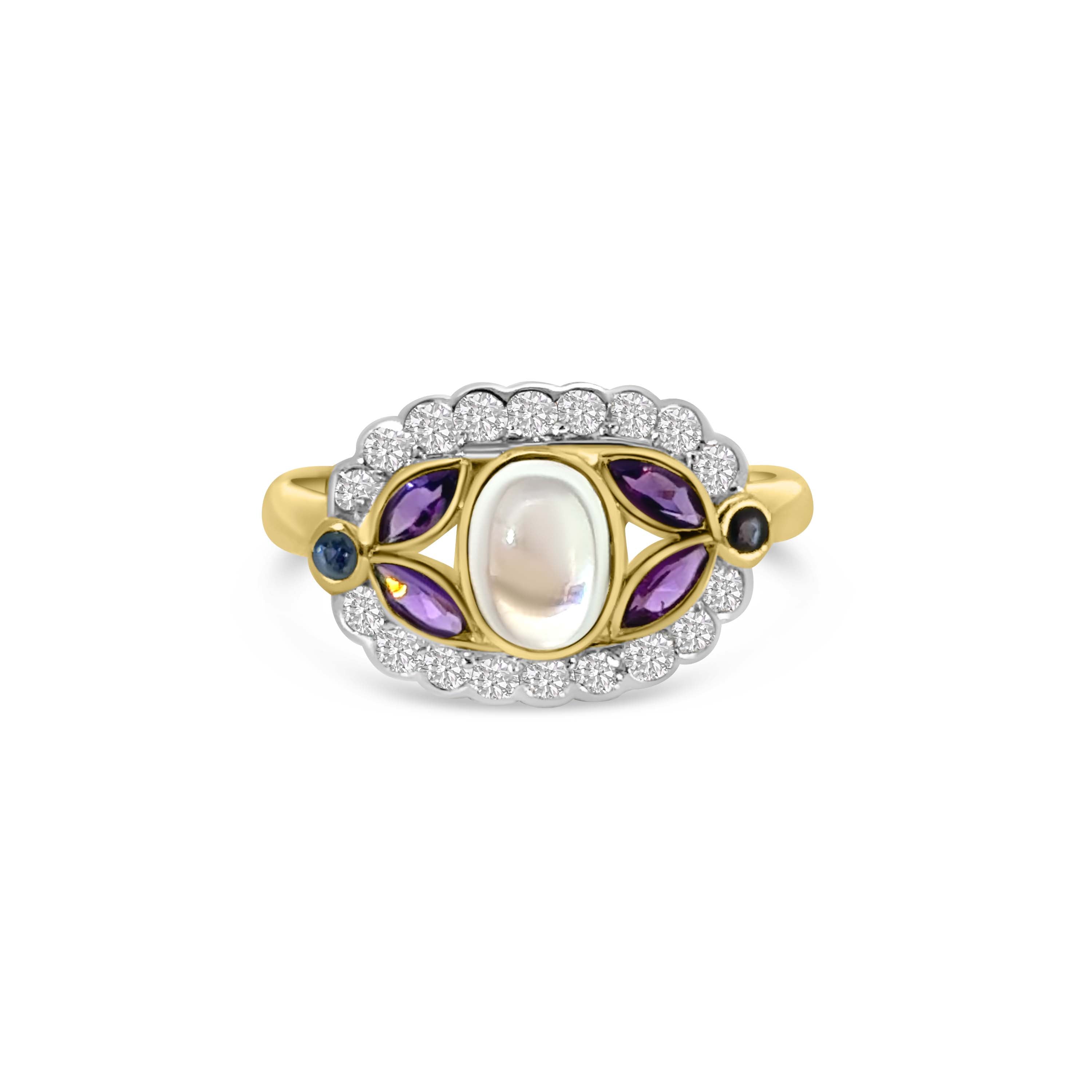 9kt Moonstone, Amethyst, Sapphire and Diamond Dress Ring