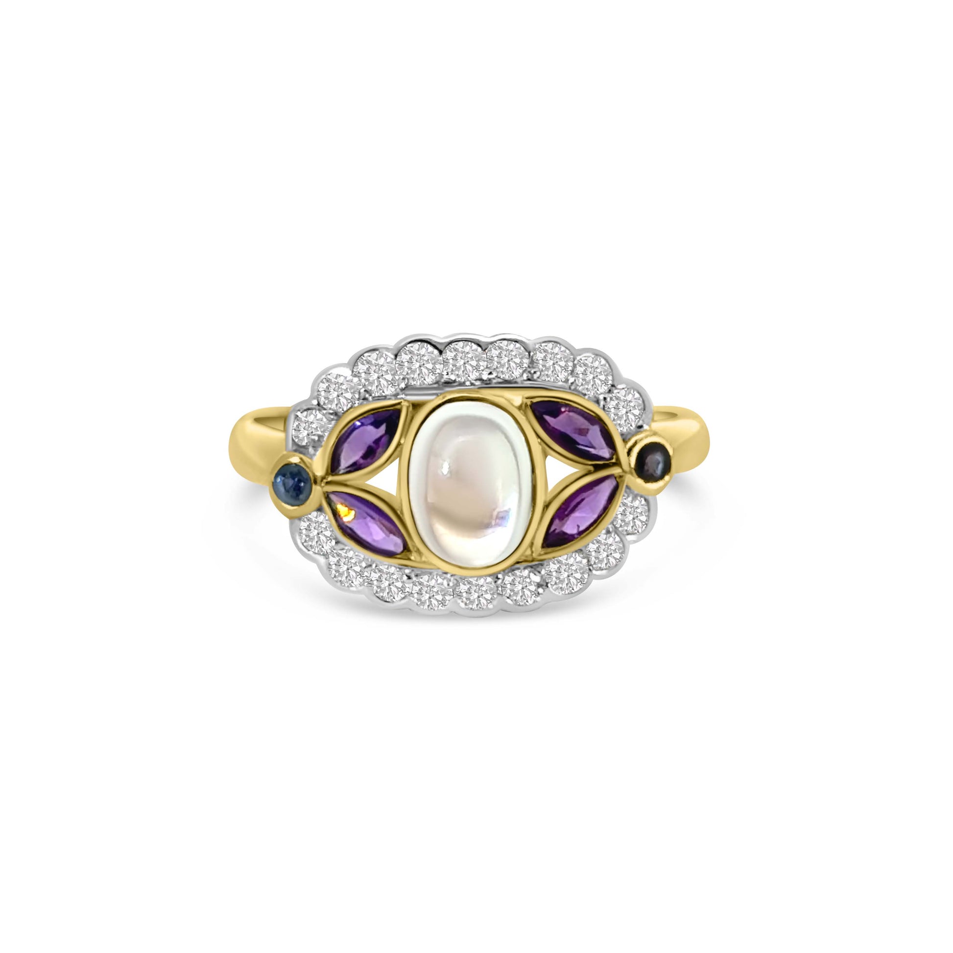 9kt Moonstone, Amethyst, Sapphire and Diamond Dress Ring