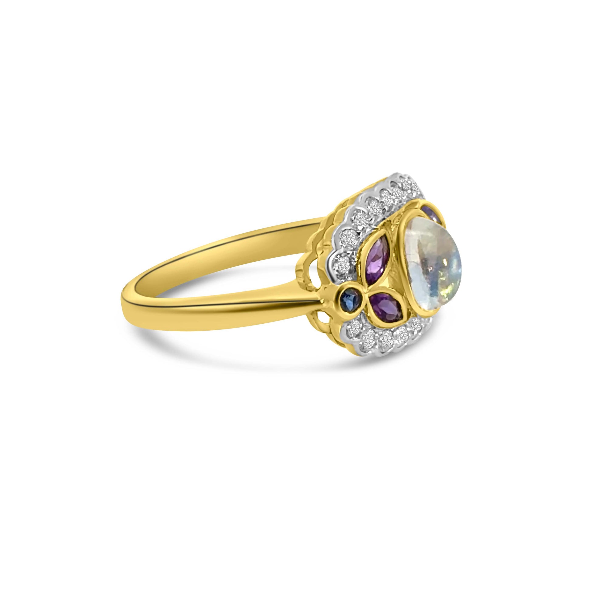 9kt Moonstone, Amethyst, Sapphire and Diamond Dress Ring