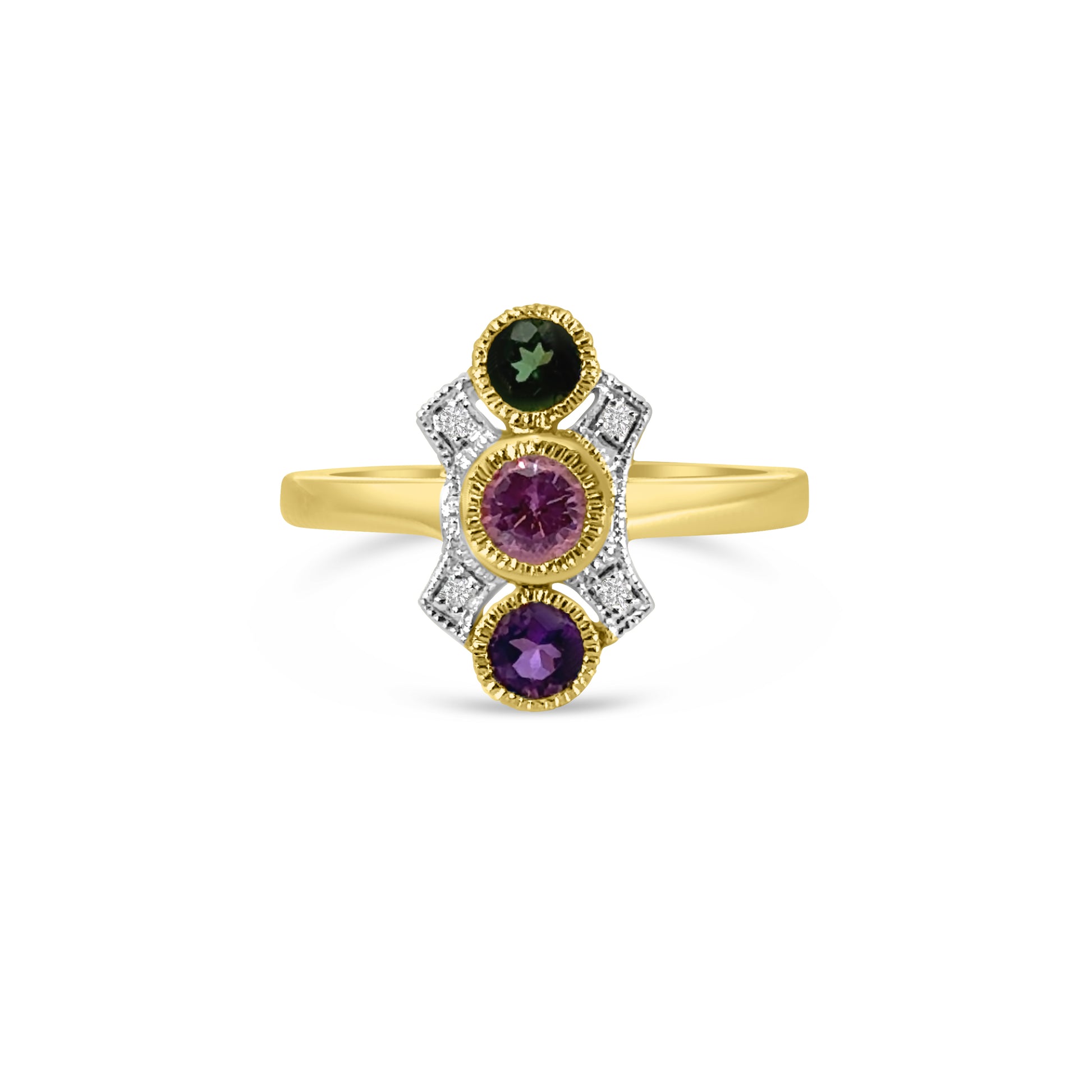 9kt Amethyst, Pink Sapphire, Green Tourmaline and Diamond Dress Ring