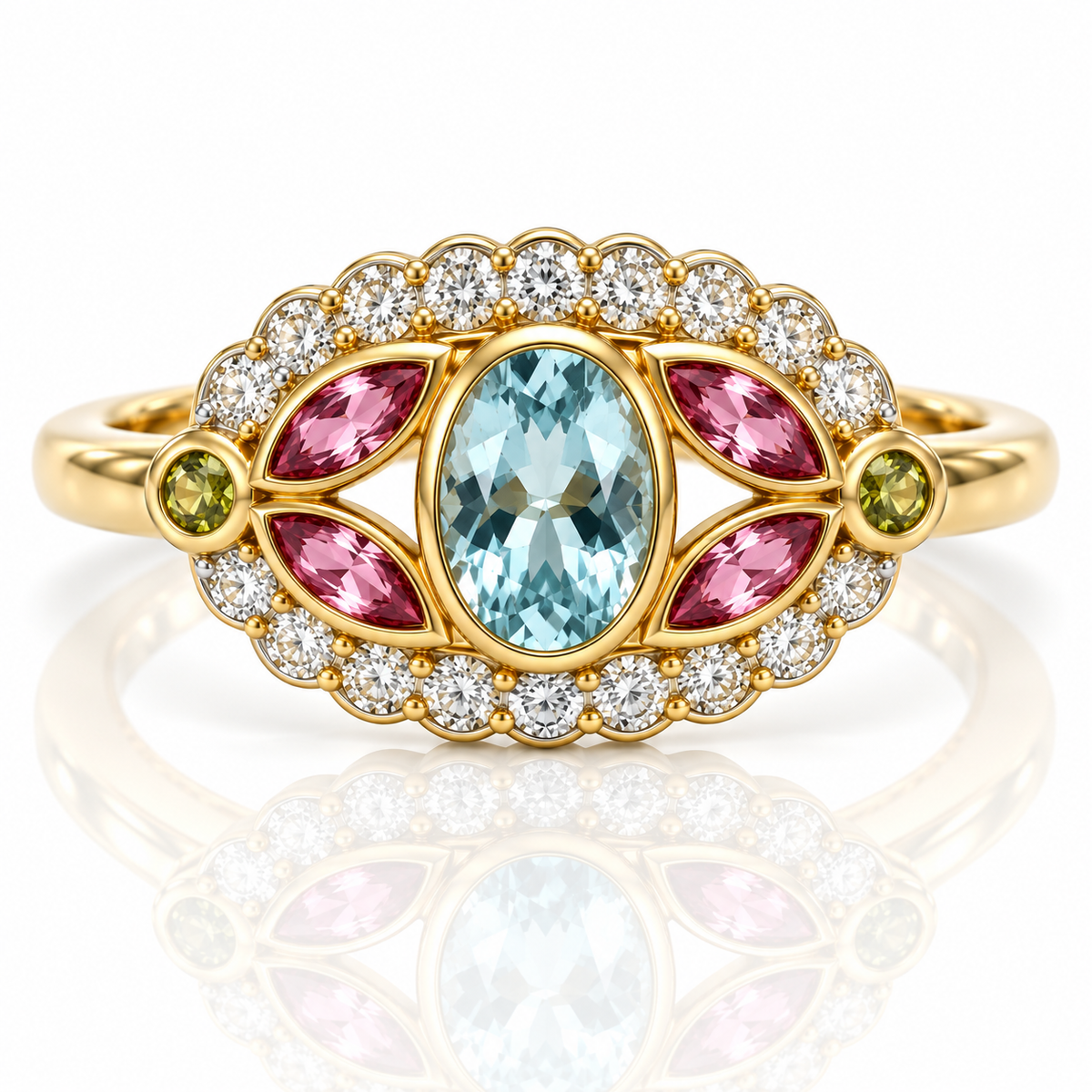 9kt Pink Tourmaline, Aquamarine and Diamond Dress Ring