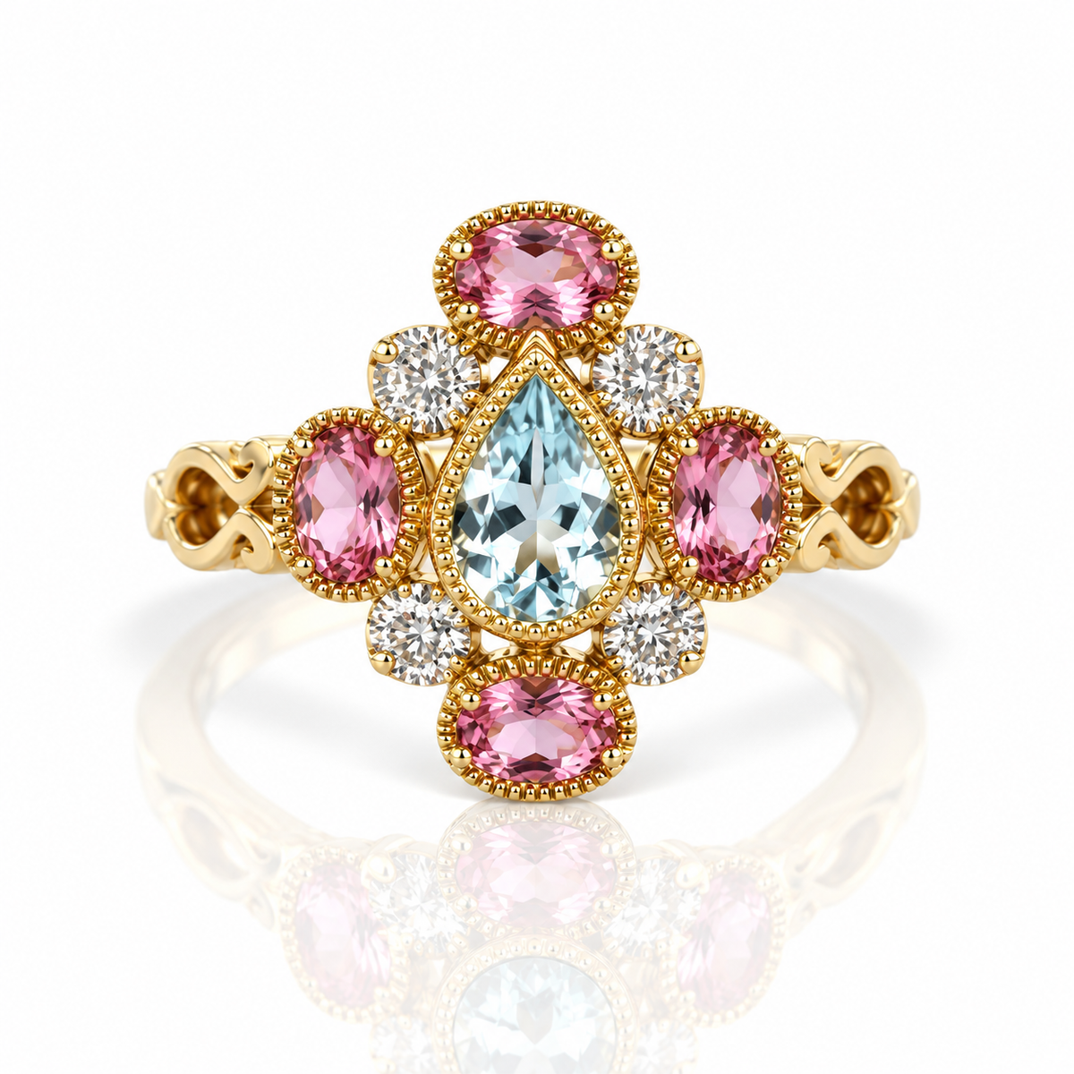 9kt Pink Tourmaline, Aquamarine and Diamond Vintage Style Dress Ring