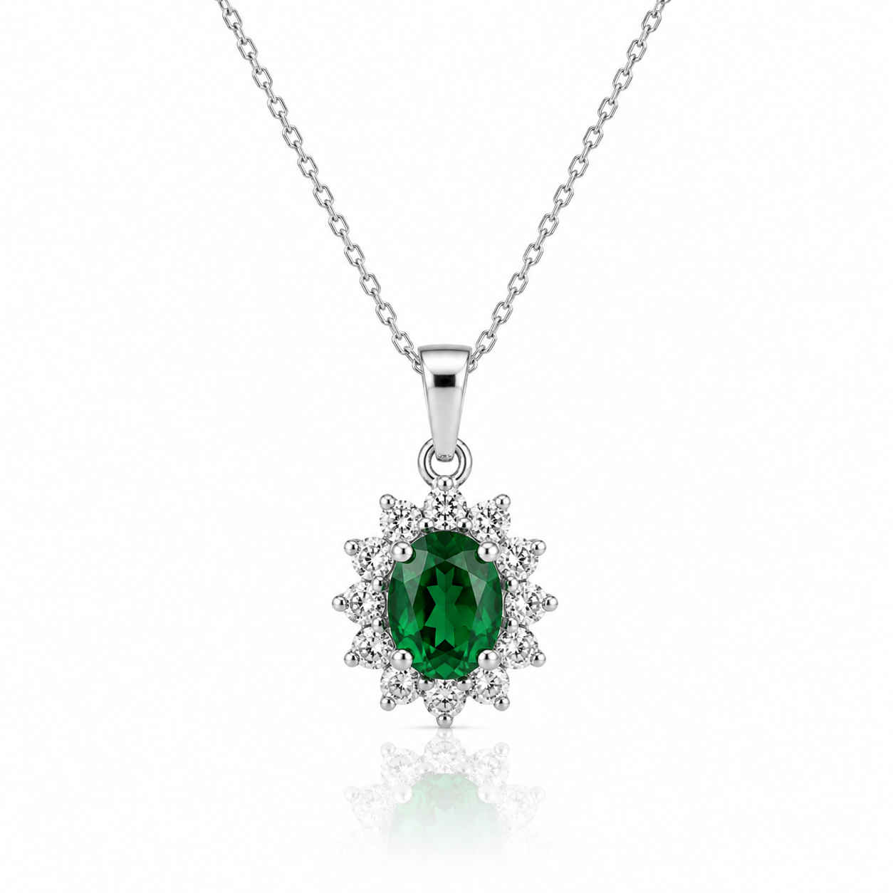 9kt Lab Grown Emerald and Diamond Cluster Pendant and Chain