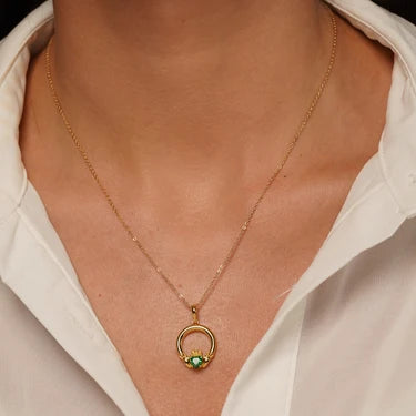 Wild Heart Claddagh Necklace with Green Heart Stone