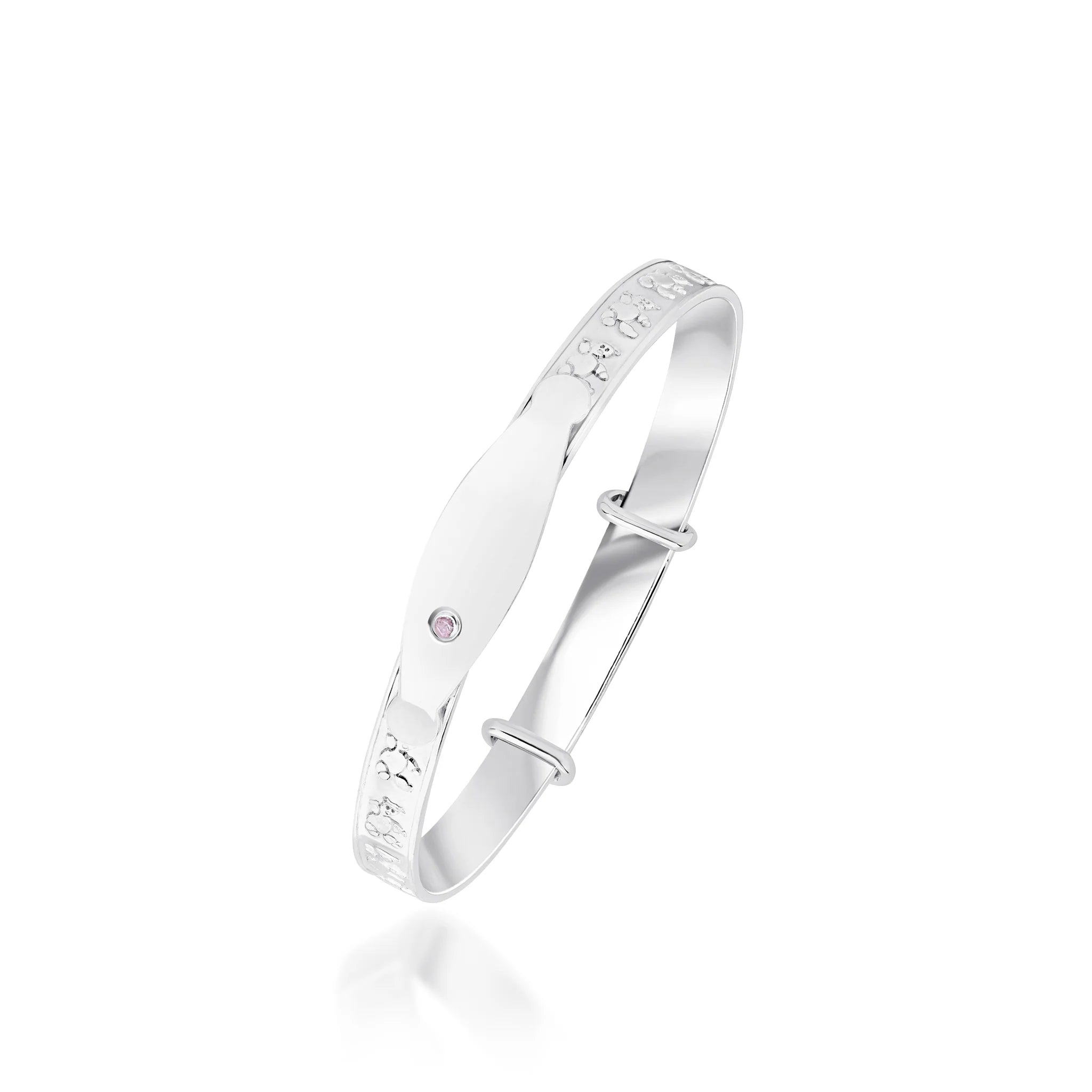 Teddy Bear Baby Bangle with ID Engraving Plate and Pink CZ
