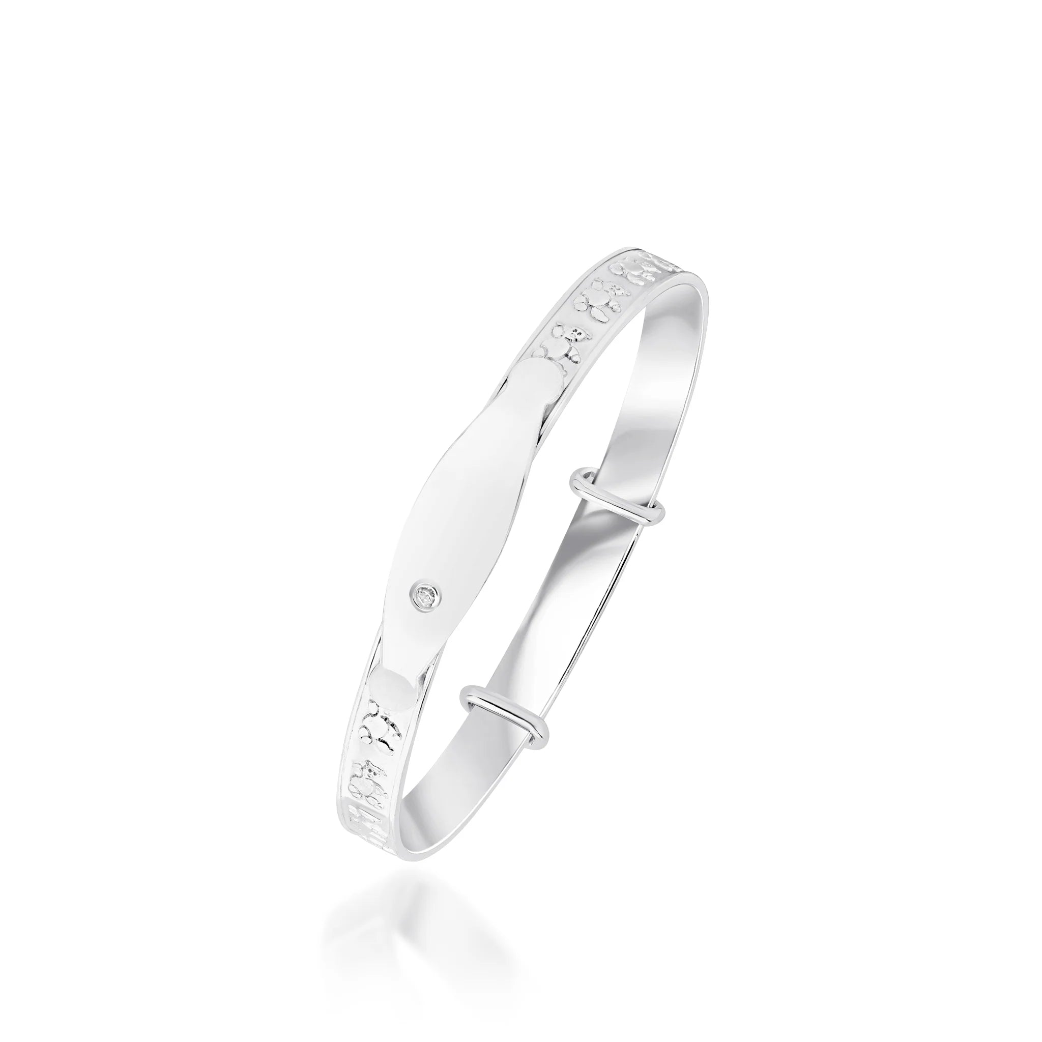 Teddy Bear Baby Bangle with ID Engraving Plate and CZ